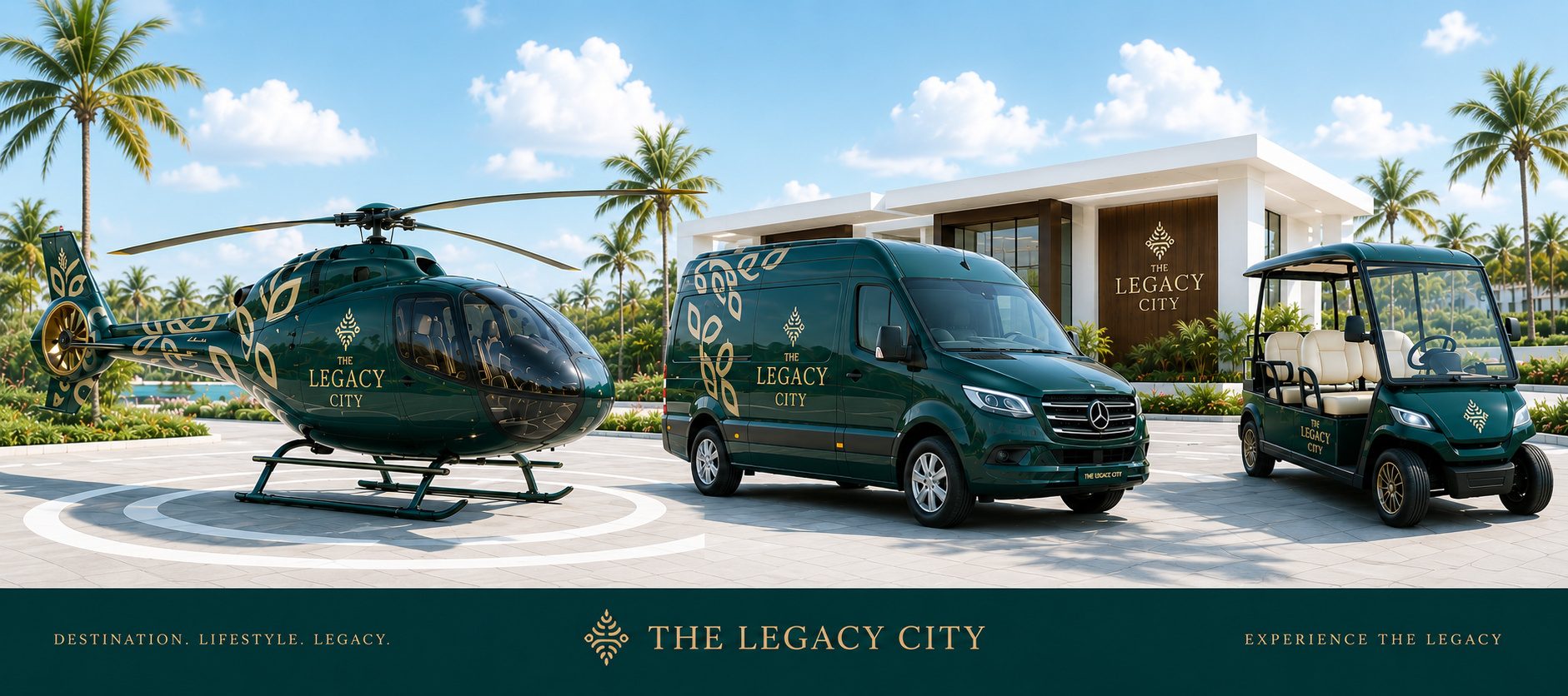 The Legacy City branded fleet — helicopter, transport van, and resort cart